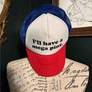 Red, white and blue “I will have a mega pint” trucker hat